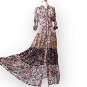 Anthropologie Fig And Flower Tiered Button Up Maxi Dress Size Small Sheer Boho